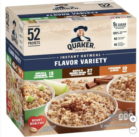 Quaker Instant Oatmeal Variety Pack, 3 flavors in total, 52 packets / 1.51 ounces each, total 74.6 ounces