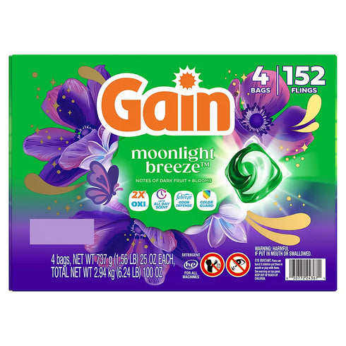 Gain Flings 4-in-1 Laundry Detergent Pacs, Moonlight Breeze Scent, HE Compatible, 152 Count