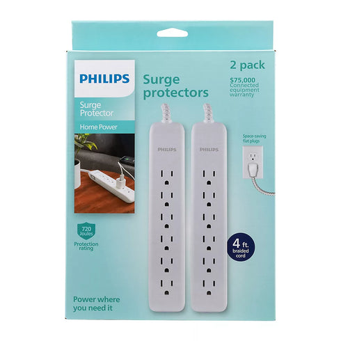 Philips 6-Outlet Surge Protector, 2-Pack – White