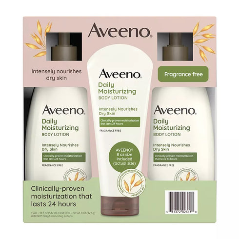 Aveeno Daily Moisturizing Body Lotion for Dry Skin, 2 Pump Bottles + Bonus Tube