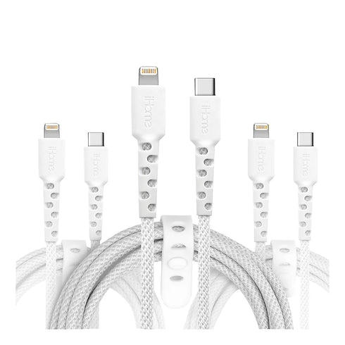 iHome DuraStrain Lightning to USB-C Nylon Braided Charging Cables with Silicone Wrap, 3-Pack