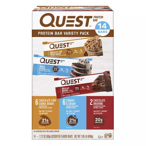 Quest Protein Bar, 20-21g Protein, Three Flavor Variety Pack, 14 ct./2.12 oz