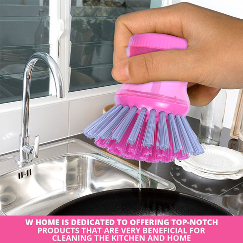 3 Count WBM Dish Scrubber with Soap Dispenser, Non-Slip Good Grip, Kitchen Brush