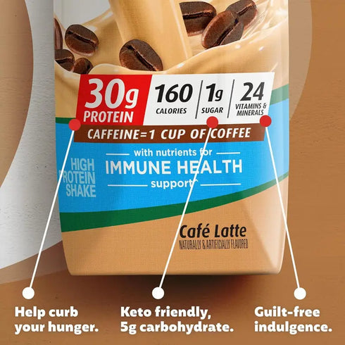 Premier 30g Protein PLUS Energy and Immune Support Shakes, Cafe Latte, 11 fl oz, 18-pack