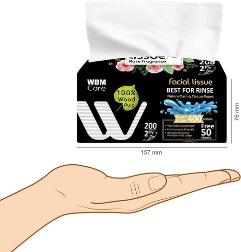 WBM Care Professional Facial Tissues with Rose Fragrance, Ultra-Soft White Tissues, 200 Sheets per Box