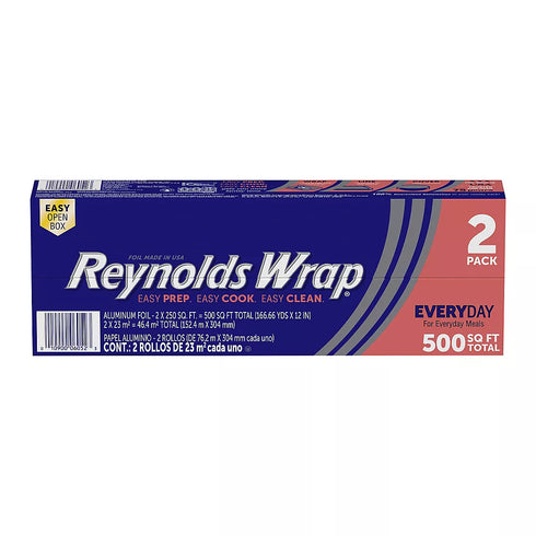 Reynolds Wrap Standard Aluminum Foil, Heavy Duty Kitchen Foil, 2-Pack, 250 sq ft Each