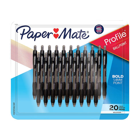 Paper Mate Profile Ballpoint Pens – Black Ink, 20-Pack, Bold 1.4mm Smooth Writing