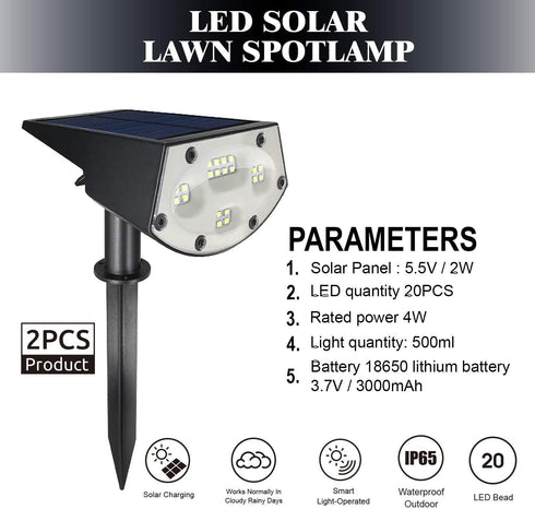 WBM Smart LED Solar Landscape Spotlights – IP67 Waterproof Outdoor Garden Lights, Auto On/Off, 2-Pack