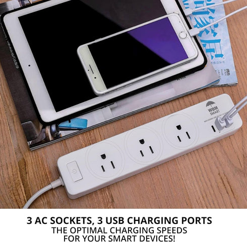 WBM Smart USB Plug Extension Cord, 3 AC, 2 USB Sockets & C-Type