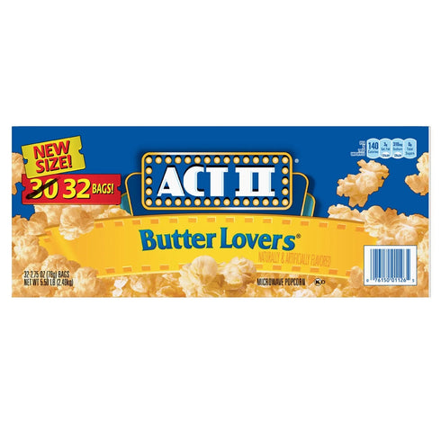 ACT II Butter Lovers Popcorn, – 32 Bags (2.75 oz Each), Made with 100% Whole Grain – Rich, Buttery Flavor in Every Bag – Perfect for Movie Nights, Snacking, or Sharing with Family & Friends