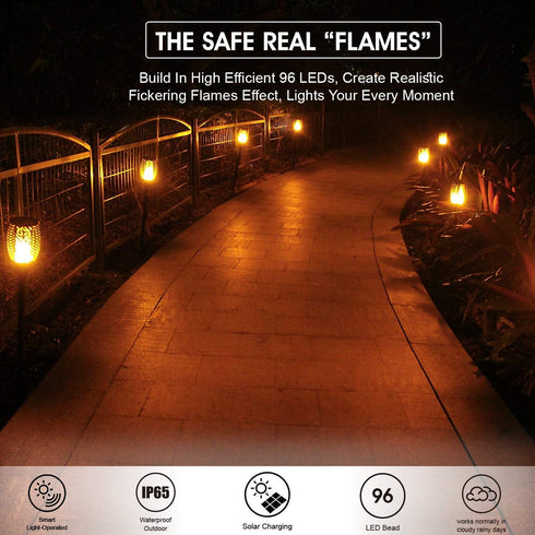 WBM Smart Solar Torch Light with Flickering Flame, Outdoor Solar Lights for Yard, with 96 LED Torches, 43 Inches Long, Waterproof LED Night Light - 2 Pcs