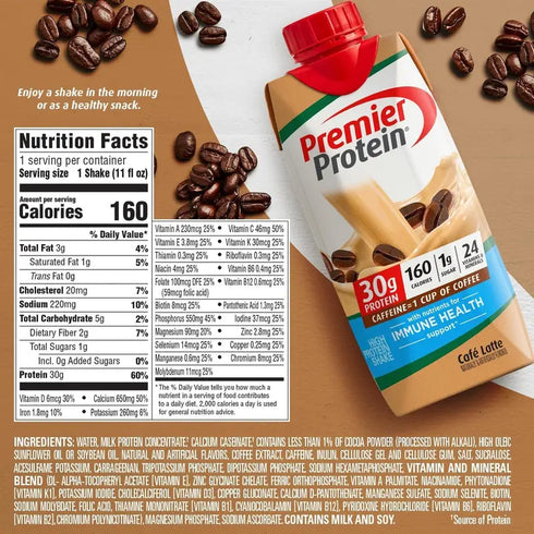 Premier 30g Protein PLUS Energy and Immune Support Shakes, Cafe Latte, 11 fl oz, 18-pack