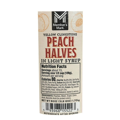 60 oz - Member's Mark Yellow Clingstone Peach Halves in Light Syrup