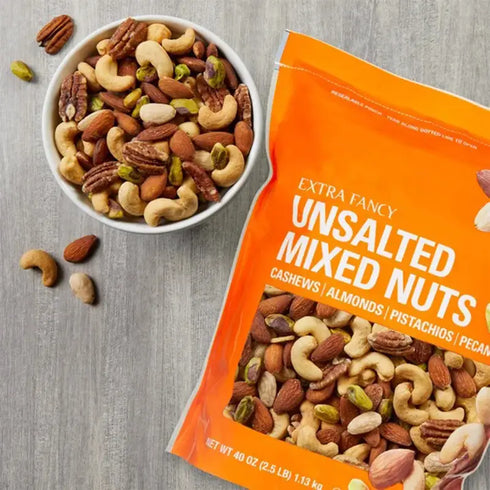 Premium Unsalted Mixed Nuts, 2.5 lbs - Deluxe Snack Blend with Cashews, Almonds, Pistachios, and Pecans for Flavorful Snacking and Versatile Use