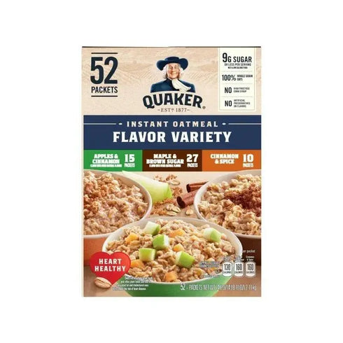 Quaker Instant Oatmeal Variety Pack, 3 flavors in total, 52 packets / 1.51 ounces each, total 74.6 ounces