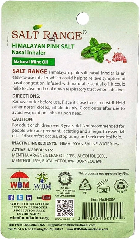 Salt Range Himalayan Pink Salt Nasal Inhaler, Natural Mint- Oil - 2ml